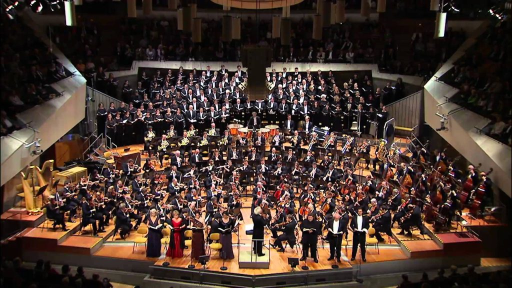 The Berliner Philharmoniker on stage in performance of Gustav Mahler's Symphony 8