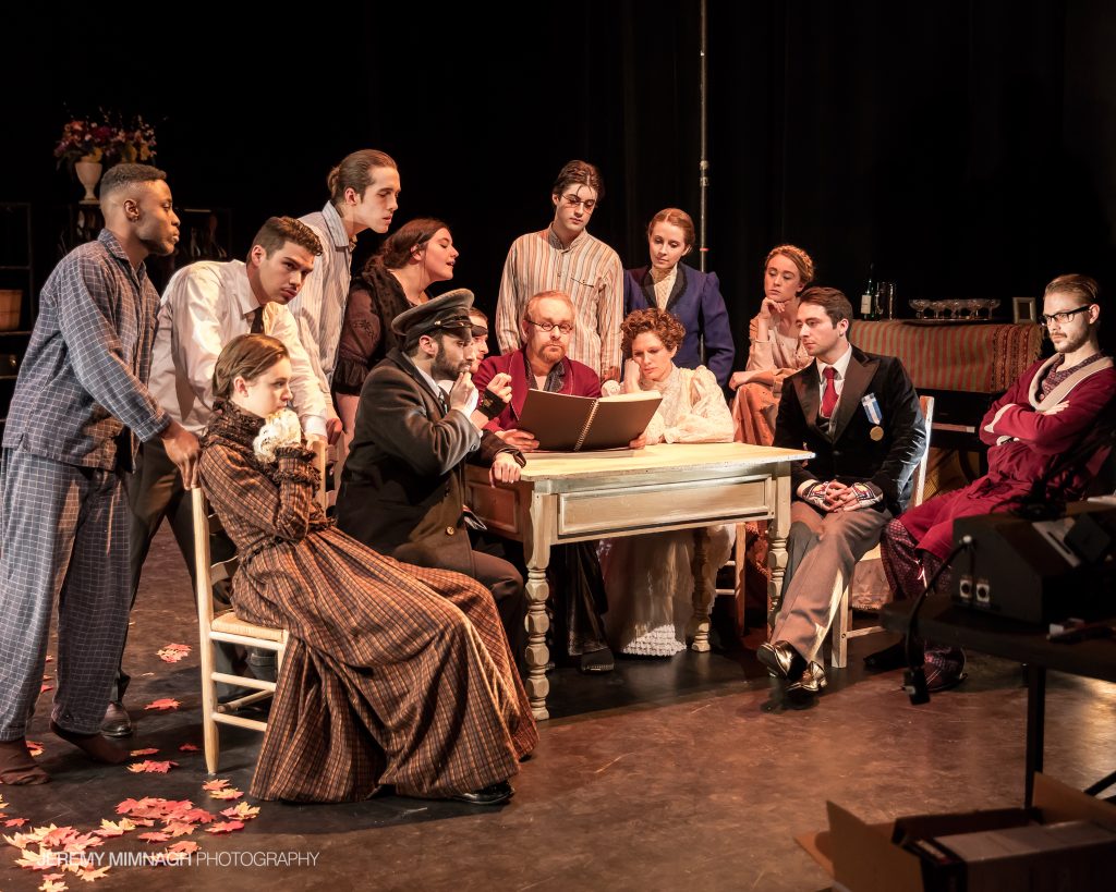 The company of "Three Sisters." Set Design by Rebecca Klein and Shawn Kerwin, Lighting Design by James McQuay, Costume Design by Robyn Barnes.